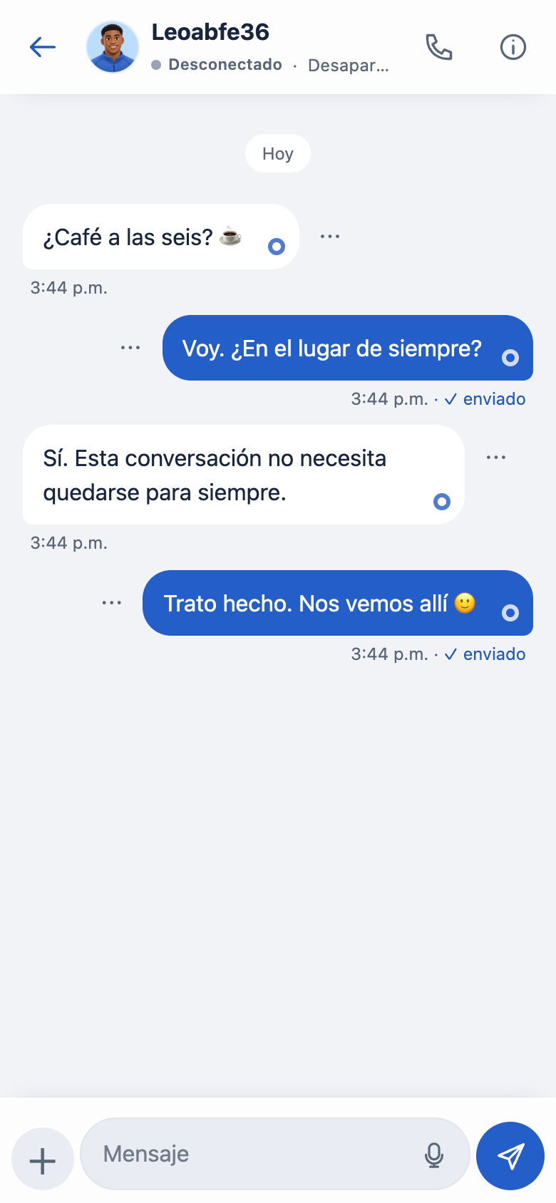 Vista de demostración de la aplicación web real de MUTE, con usuarios y conversaciones ficticios.